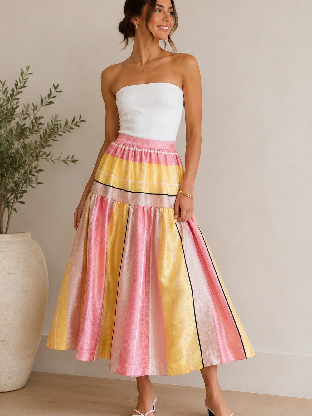 Maeve by Anthropologie Jacquard Stripe Midi Skirt Pink Yellow Size 6 - Picture 1 of 3